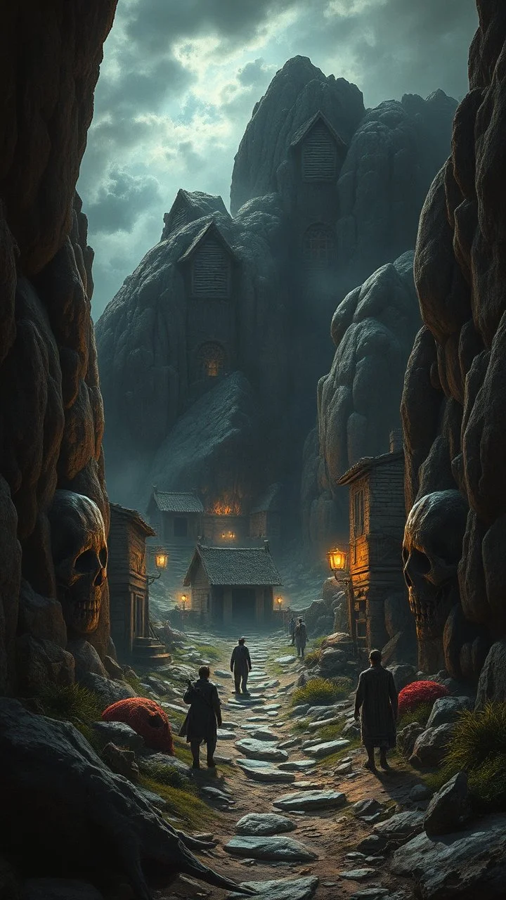 Busch nightmares paining style, thin line draw ,Title:view of a Stone Age village , 8k artistic photography, photorealistic concept art, soft natural volumetric cinematic perfect light, chiaroscuro, award-winning photograph, masterpiece, oil on canvas, Raphael, Caravaggio, Greg Rutkowski, people, beksinski, Giger