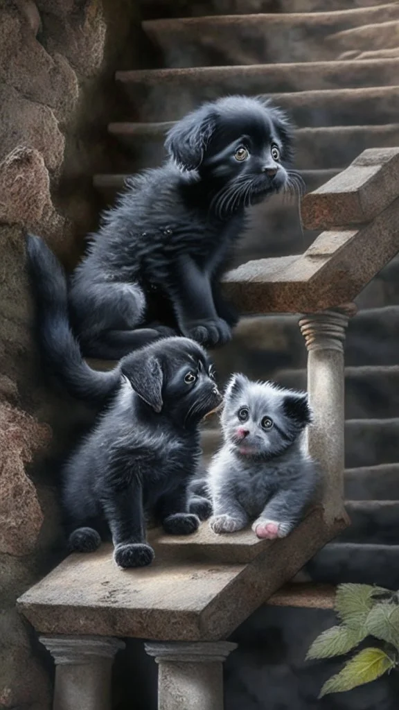 A shaggy black puppy dog with a white belly, a gray kitten, a three color kitten eating salami on a stone stairway in the woods