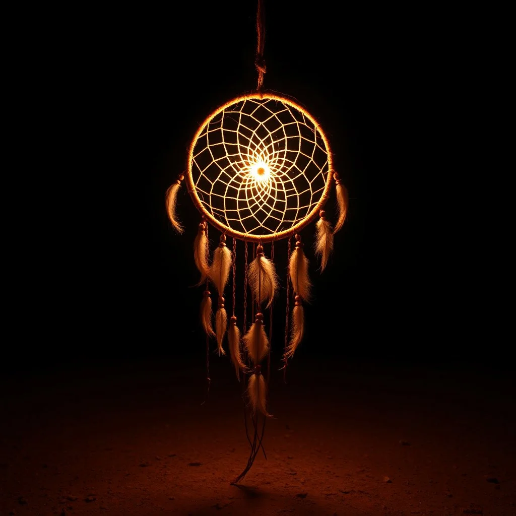 the center of a dreamcatcher made of light, glowing internal light, translucent, natural red/brown tones, brown dirt ground long bottom, dark background, fantasticlighting