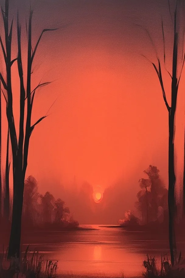 simply forest landscape with orange sky paint