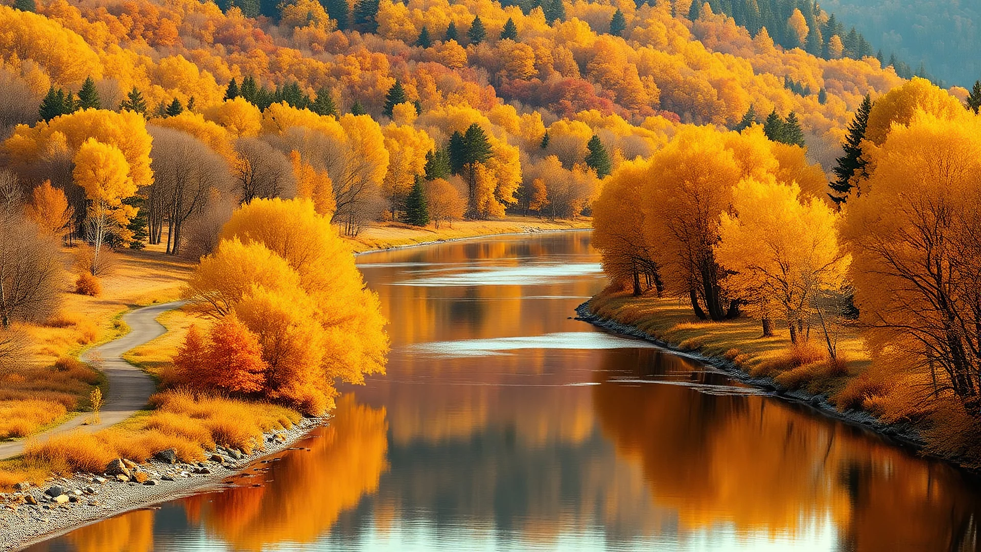 A tranquil river winding through a golden autumn landscape, with reflections of vibrant trees on the still water. Beautiful award-winning colour photograph, balanced delightful composition, perfect lighting, superb detail, 16k render