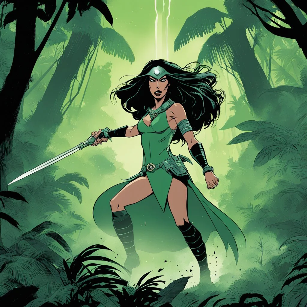 [comics Head Lopper style by Andrew MacLean] A cinematic medium shot of a jungle girl fighting off aliens. She is wearing a green dress and has long, dark hair. The aliens have large, round eyes and are wearing metallic suits. The background is a dense jungle with tall trees. There is smoke rising from the ground near the aliens. Also JUNGLE GIRL FIGHTS OFF THE ALIENS which was a title I borrowed.