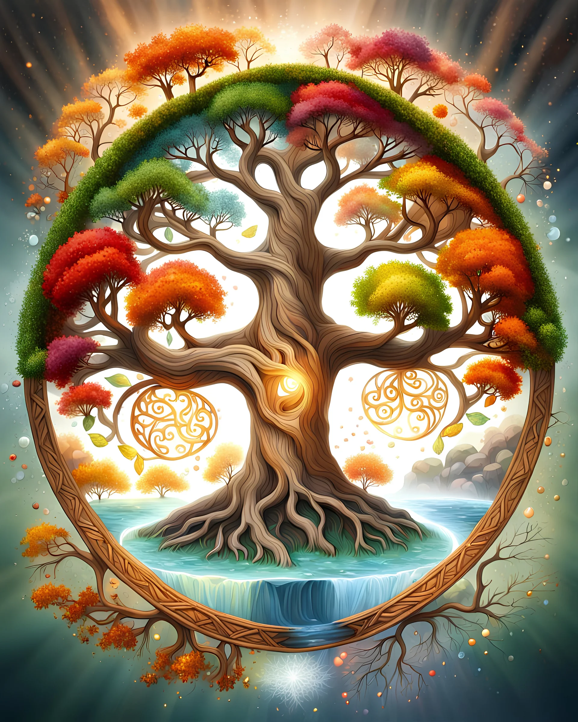 The tree of life is made of the four seasons of spring, summer, autumn, winter, along with light, water, fire, wind, soil and love