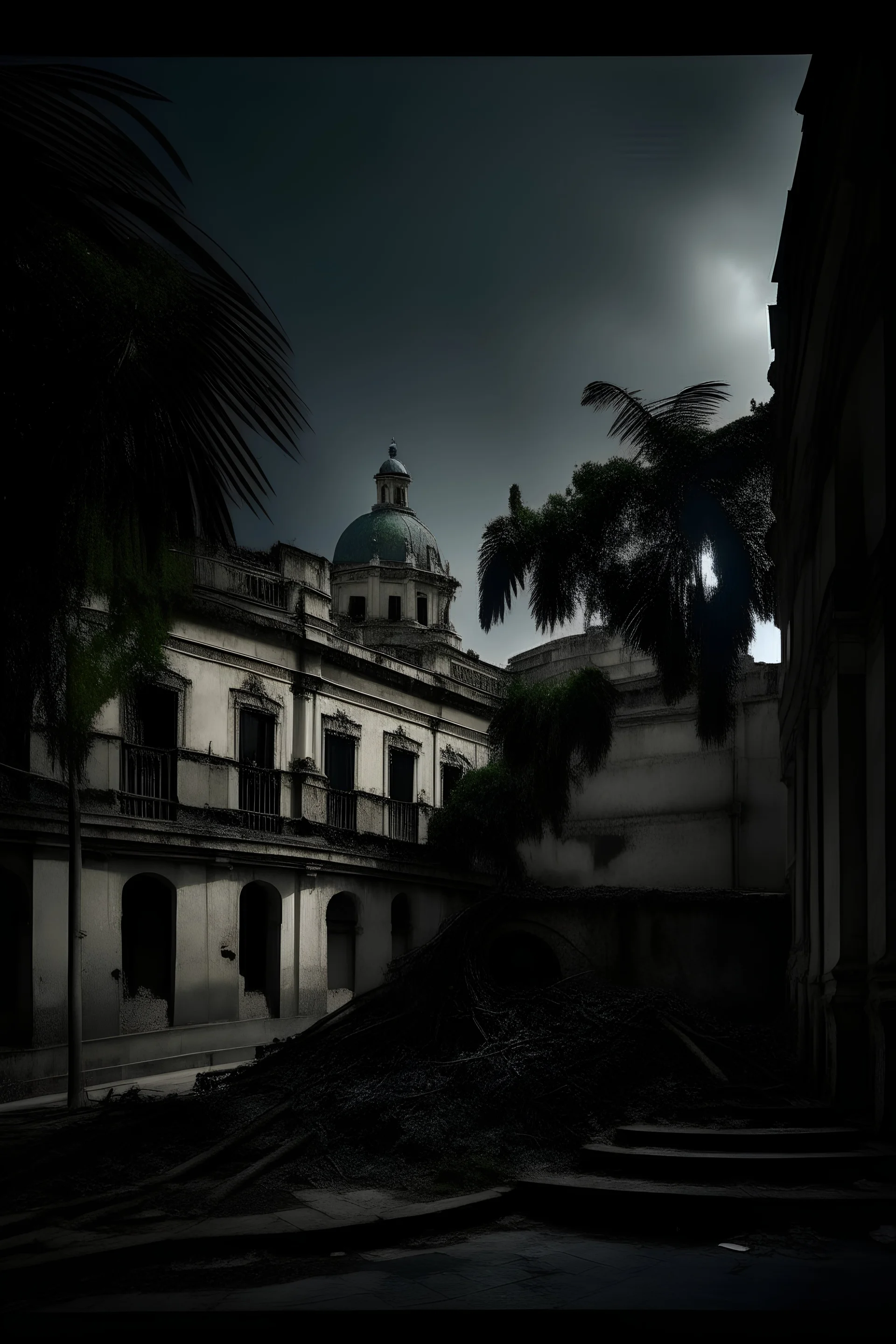 Habana Capitolio, destruction , tree inside the wall, dark atmosphere,