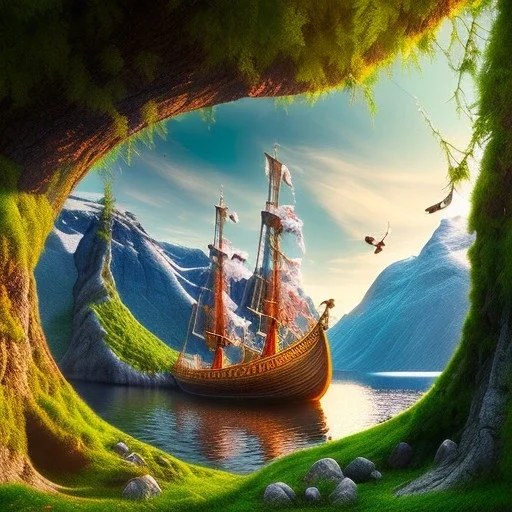 Nærøyfjorden Verdsarvpark, tree on a viking ship, in the style of pixar