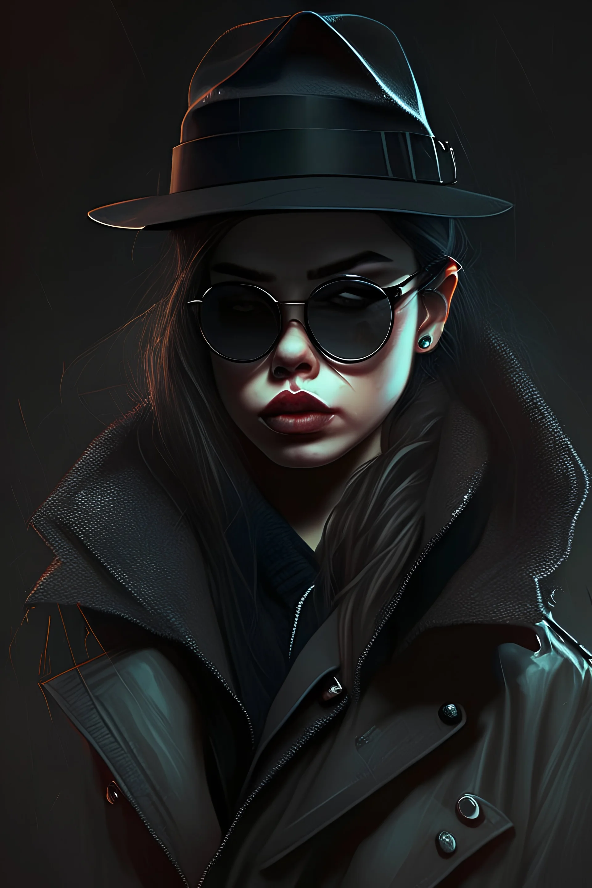 Gangster girl in dark hat, glasses, coat.