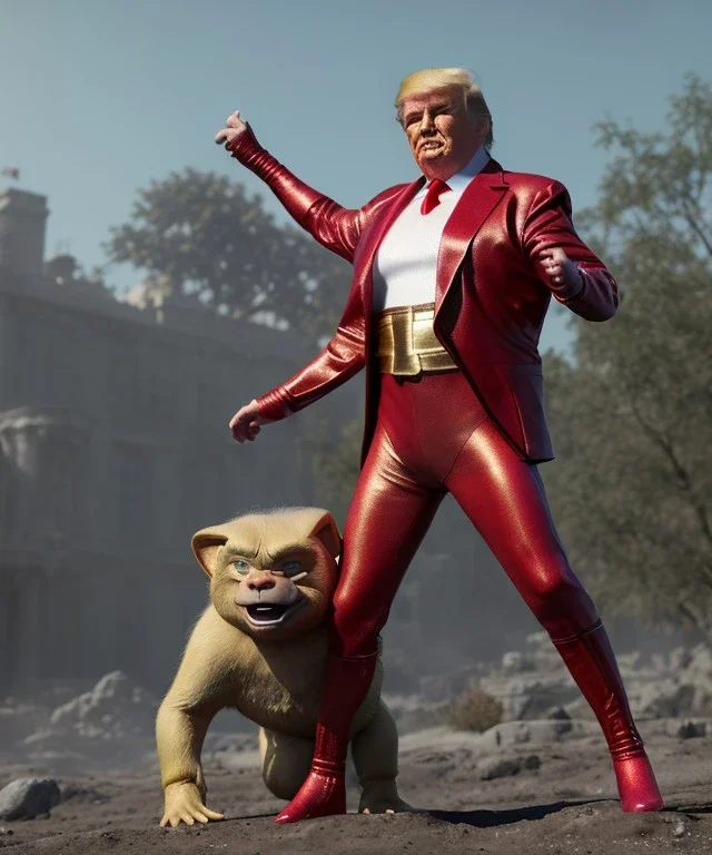 Donald trump, Man, wrestling, naked torso, color breeches, suspenders, retro style, 80s, hot ambient, photo studio, red, gold, vibrant color, gradient, highly detailed, art stations, concept art, smooth, unreal engine 5, god rays, ray tracing, RTX, lumen lighting, ultra detail, volumetric lighting, 3d, finely drawn, high definition, high resolution.