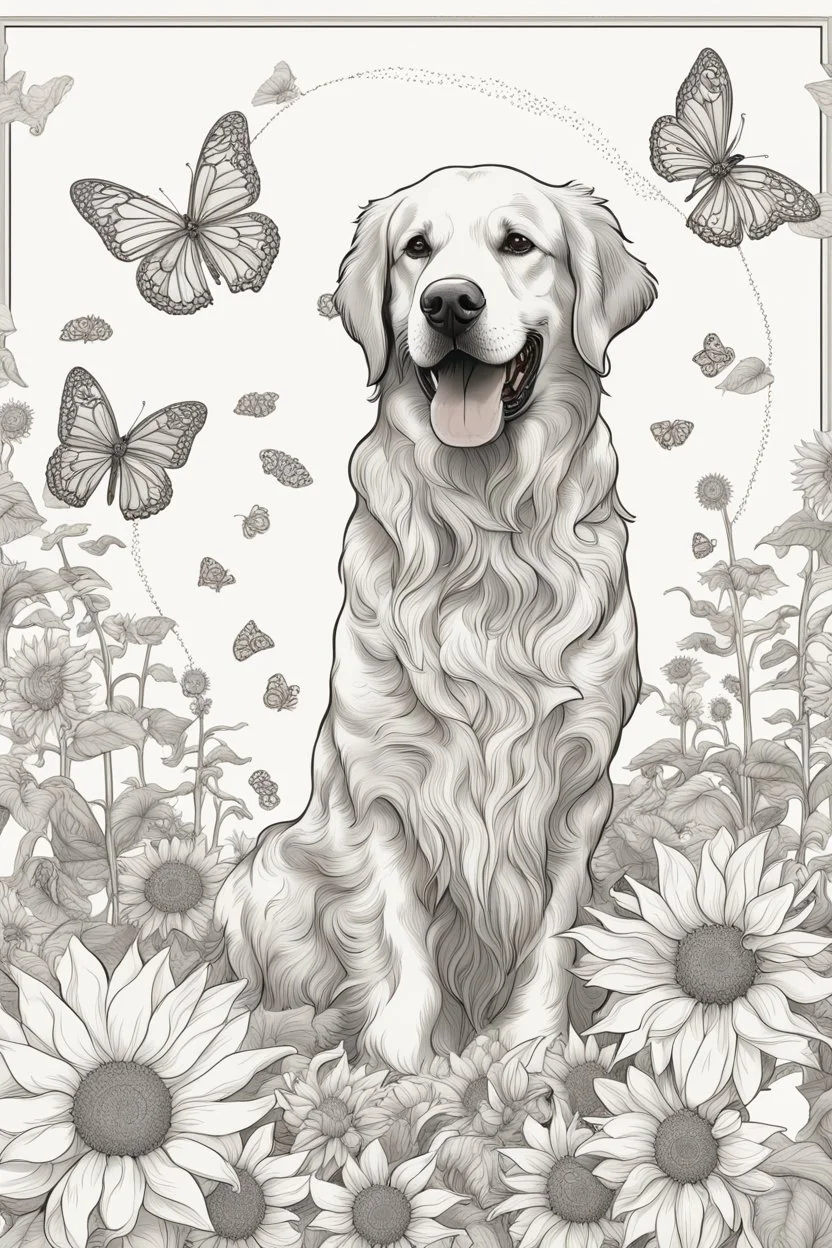 Playful Golden Retriever in a lively field of sunflowers, butterflies, mature coloring artwork, contour, vector, clean line art, white background, detailed, black and white, in the style of Mandala design