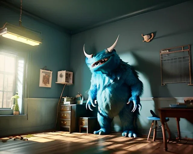 room scene with a big moppet monster, realistic photo, concept art, minimal style, smooth, unreal engine 5, god lights, ray tracing, RTX, lumen lighting, ultra detail, volumetric lighting, 3d.