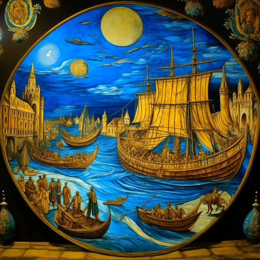 A cerulean pirate themed harbor designed in ancient Egyptian pottery painted by Vincent van Gogh