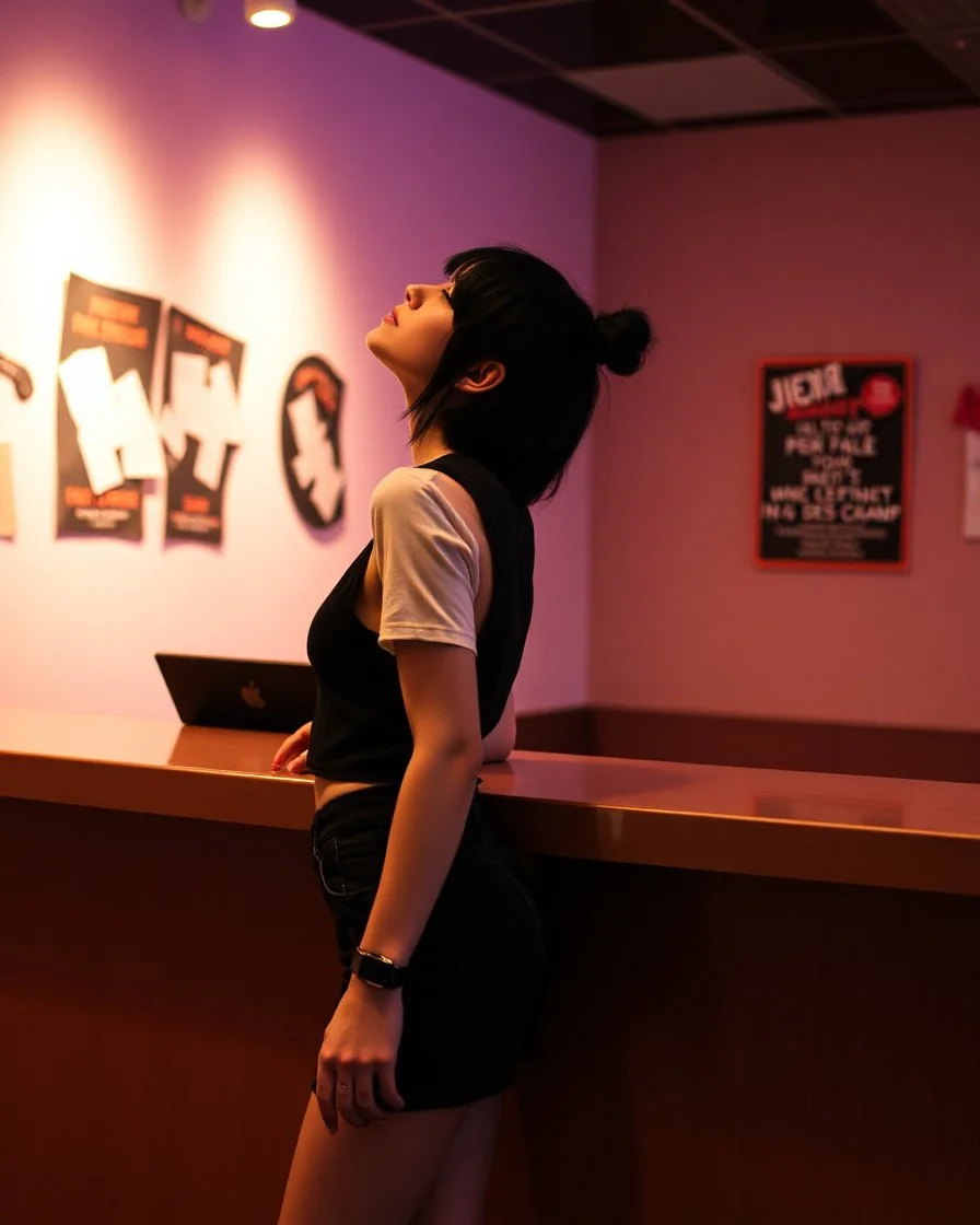 punk emo girl leaning backward away from while holding onto a reception desk