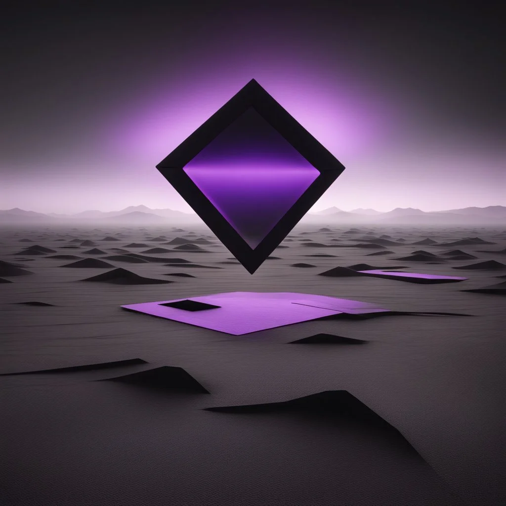 a large dark black rhombus with a neon purple outline floating over a desolate monochrome landscape