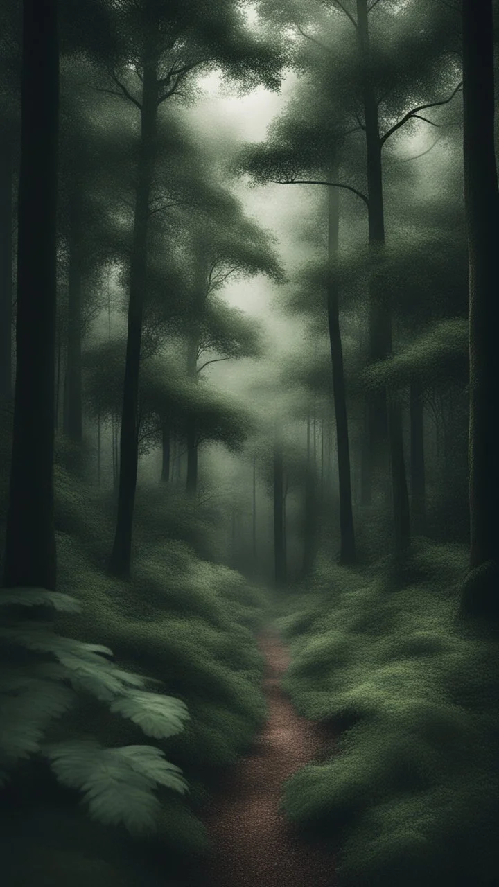 a calm greenery forest scene, different tones of dark green, cinematic photography, dense, slightly dusty, realistic