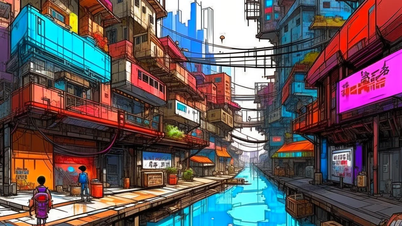 Water-level view of buildings made of reused dirty rusty metal next to futuristic canal junction, cyberpunk, many painted colours, flying boats, balconies, bridges, people, shopping, eating, walking, fifth element, ghost in the shell, altered carbon, Ian McQue, lineart and watercolour