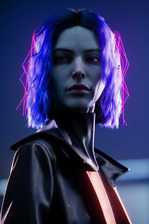 Cyberpunk portrait, pretty British woman:: symmetry photography, cyberpunk, blue long hair, face make-up, black line eye, light iris eye, :: kenzo fashion style, coat :: cinematic, Ultra realistic, dark scene, soft color, highly detailed, unreal engine 5, RTX, ultra detail, 3d, finely drawn, high definition.