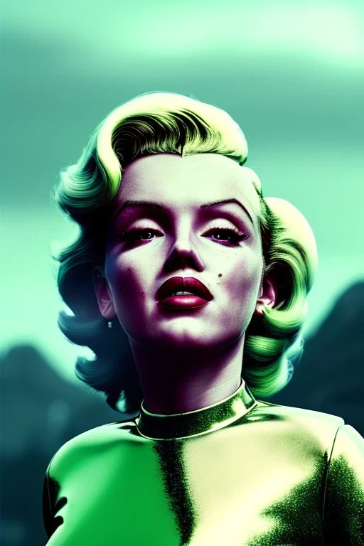 Ultra Realistic retro sci-fi image, portrait, blonde woman, sweet young Marilyn Monroe face, perfect iris, tight latex coat, Strange planet background, Retro sci-fi style helmet, fog, rain, soft color, highly detailed, unreal engine 5, ray tracing, RTX, lumen lighting, ultra detail, volumetric lighting, 3d, finely drawn, high definition, high resolution.