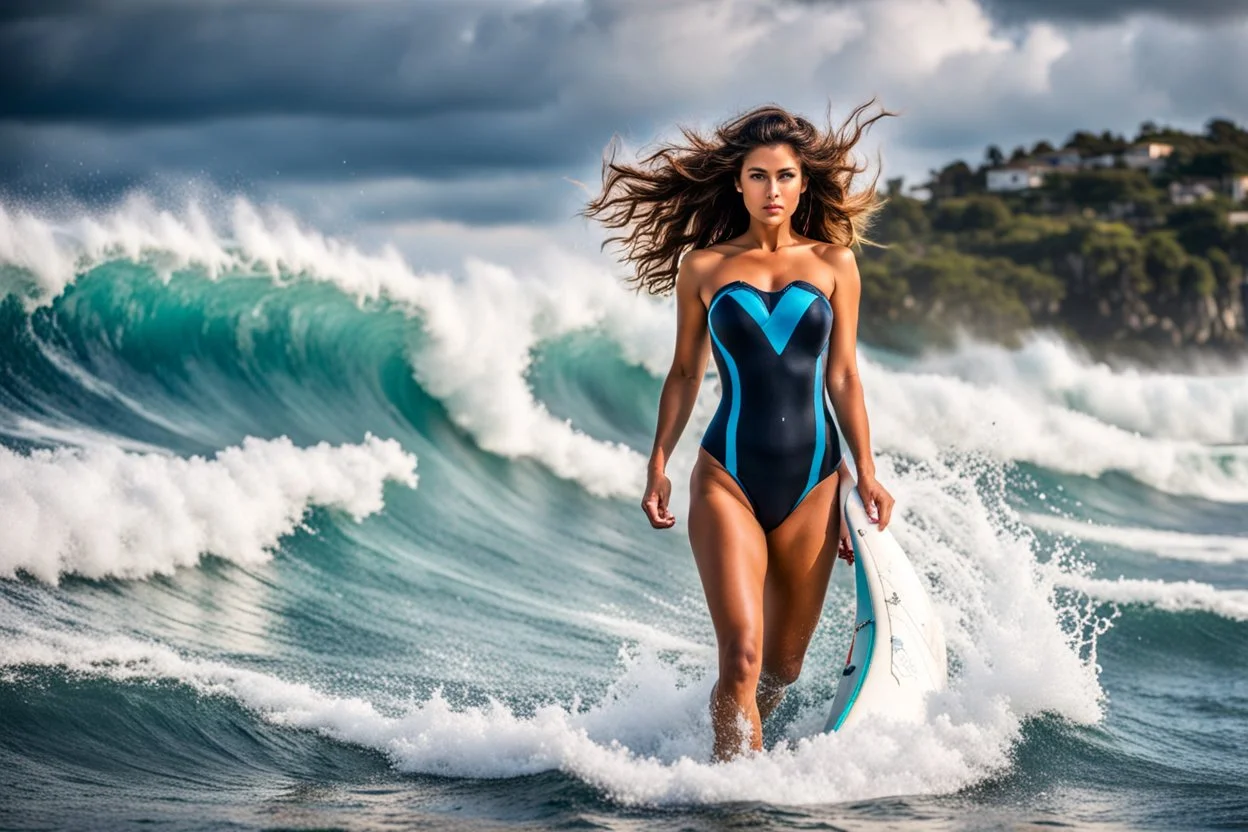 beautiful girl supper model, in nice body suit, with curvy hair,perfect face,perfect eyes,Surfing in huge wave,water with splash,seaside wavy sea ,storm, clouds ,rocky beach