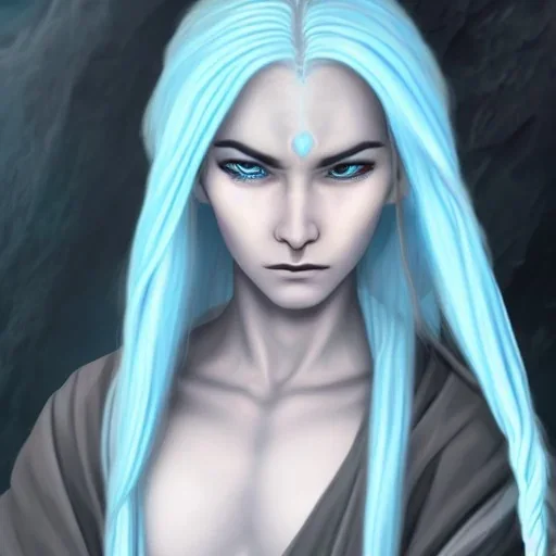 Female Air Genasi Monk with pale blue skin tone, braided white hair, grey eyes, and serene facial expression.