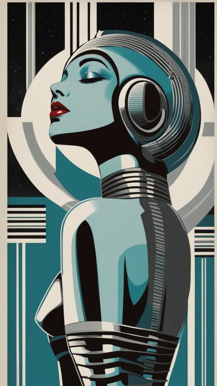 A vintage poster depicting an art deco style alien woman with blue skin, wearing futuristic helmet-like headwear and a thin silver band across her forehead, with vertical stripes of black, white, grey, and teal. The background is a dark brown with a gray gradient at the top, and she has closed eyes with visible eyelashes. Her lips have a subtle red lipstick on them. The poster is in the style of a retro futuristic sci-fi illustration. --ar 19:32 --v 5. 2 -