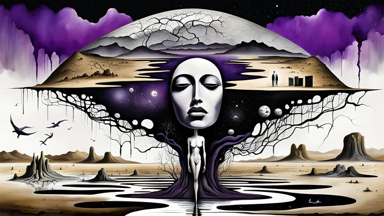 inner world with uncontrolled mind and soul, in midle a big head statue stands on little floating island over deep Sahara, around surreal cracked painted weird land with some black doors. deep dark purple, gray, black, white, brown. Whimsical style of Chagall , of Minjae Lee and René Magritte, lonely face with absurd beauty. broken, weird bizarre absurd nightmare, labirynth, dark vision, neuron network background, surreal vibe