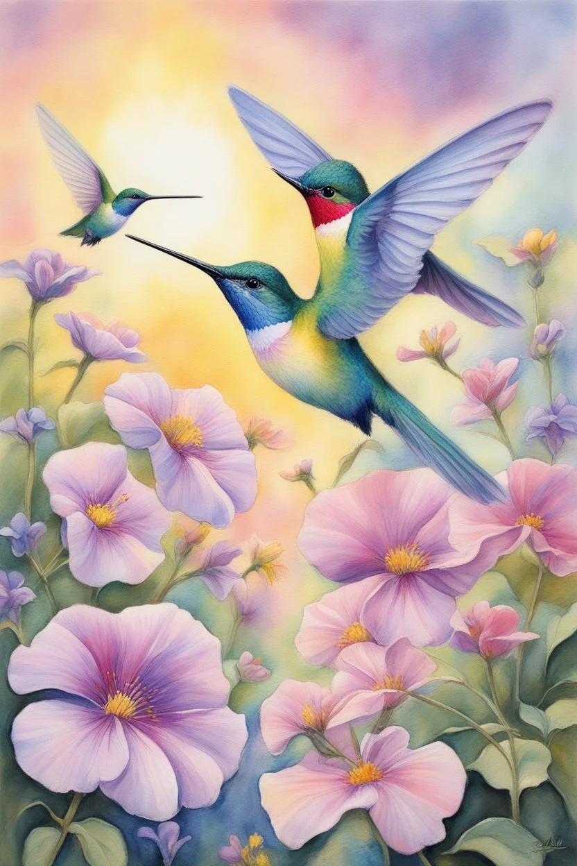 pastel painting of a close up of hummingbirds hovering around a beautiful bright flower in a flower garden, sunrise. soft muted yellows greens light_blues violets and pinks, watercolor, complimentary pastel color scheme, dramatic, stunning nature interaction, by Ansel Adams and Robert Havel Jr., impressionism