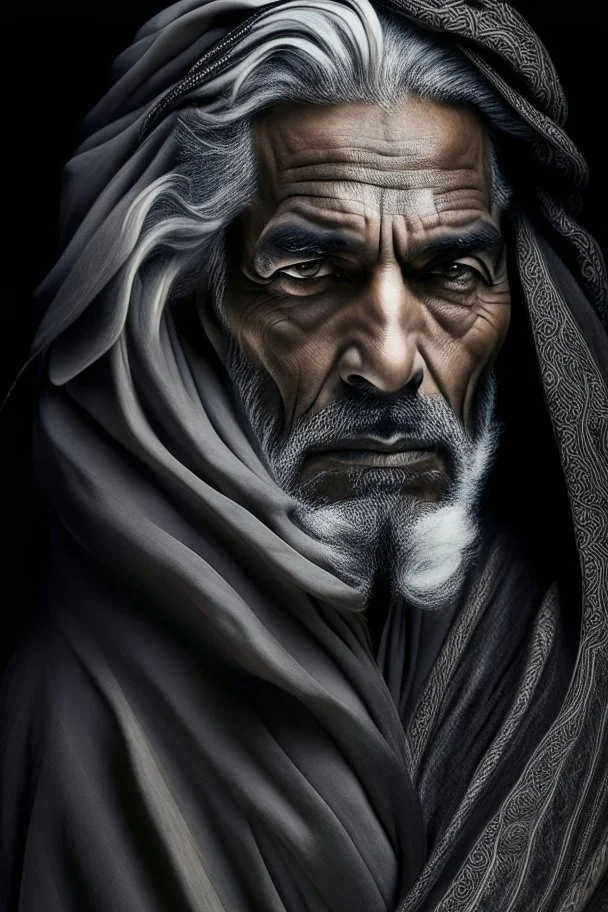 a photo of an Arabian man with ethnic jewelry, grey hair and grey flowing robe, in style of Annie Leibovitz, contemporary portrait of a mature yet beautiful and modernist man, black and grey, detailed masculine face, swirling fluid smokey enigma, award-winning artwork