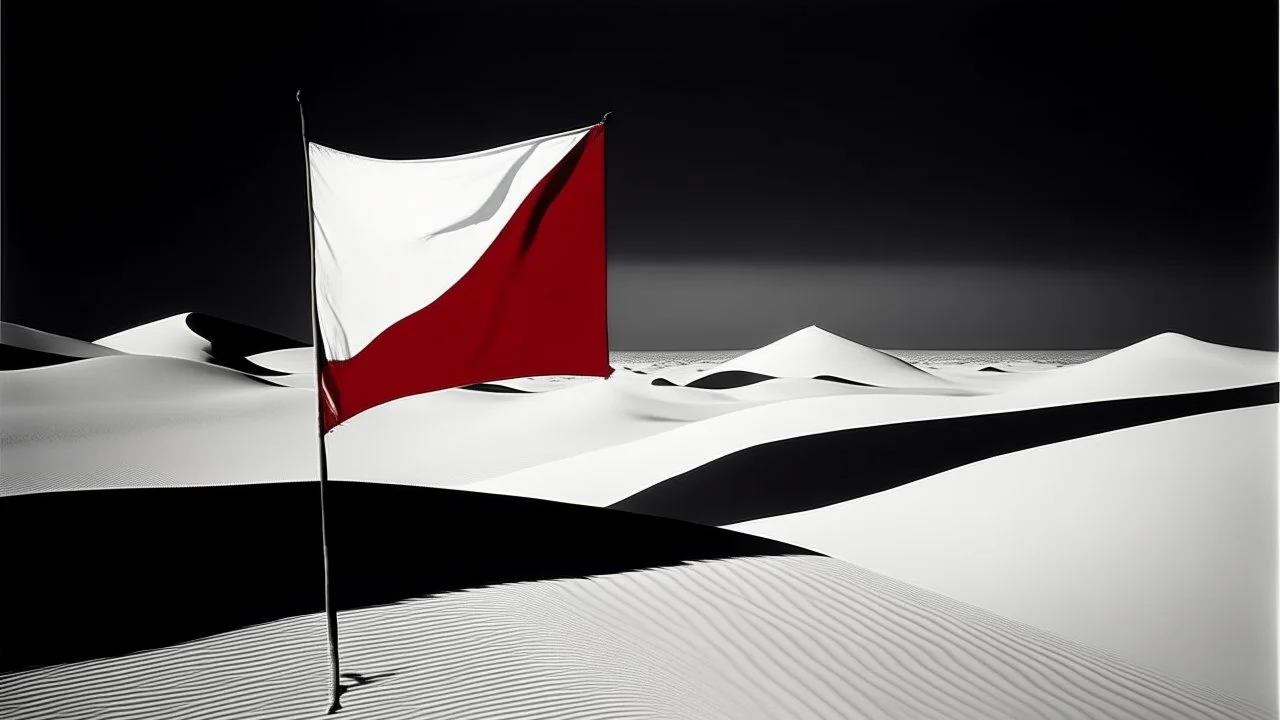 An abstract photo by Malevich and Kuniyoshi of a black and white desert landscape with a minimalist red pirate flag.