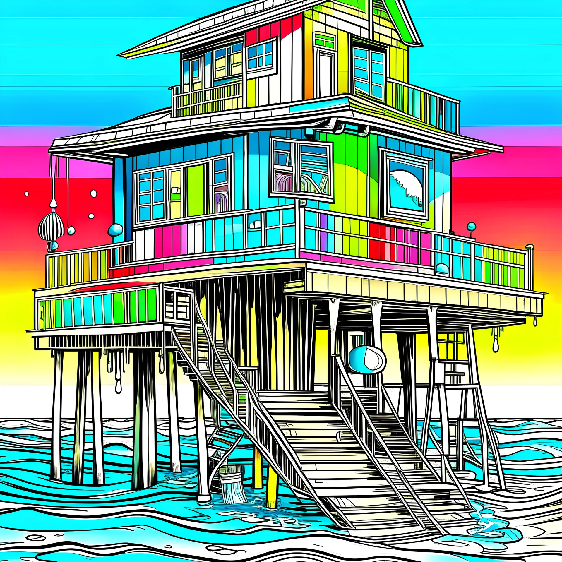 A whimsical beach house on stilts, painted in vibrant colors with quirky details, show beach view, detailed, front closeup view, minimalistic white color water fountain, minimal black line art, unique coloring sheet, outlined, outline, line art, clean line art, unique, 8k, amazing, realistic, masterpiece, no colors, no dark color, no black color, avoid thick black, minimalistic line edges, white back ground color, vector style,