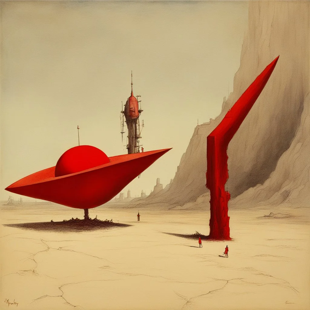 Odd open space, metaphysical, giant red object, very detailed, person, Yves Tanguy