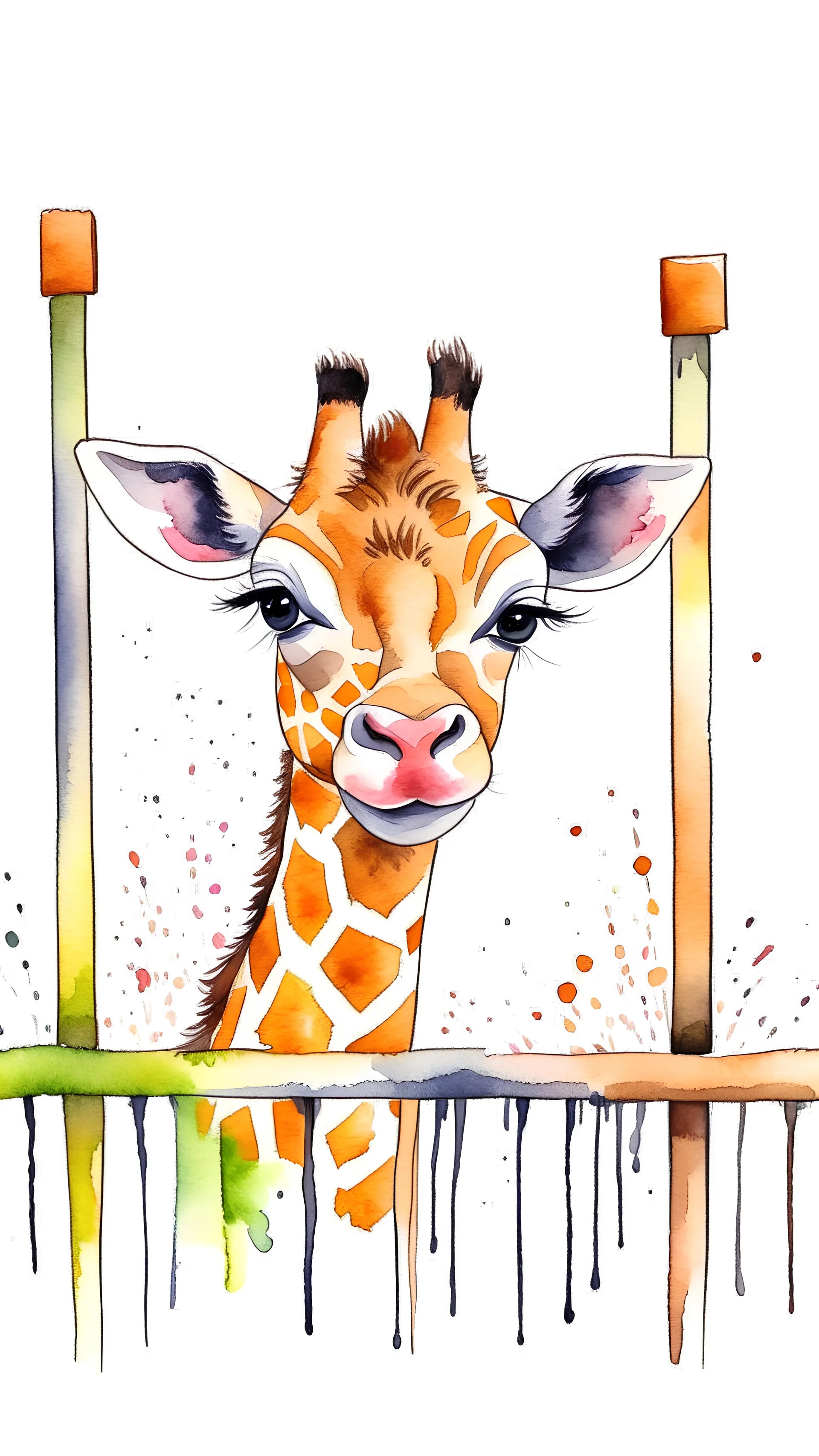 Curious young giraffe peeking over a fence, watercolor clip art, vector image, flat white background
