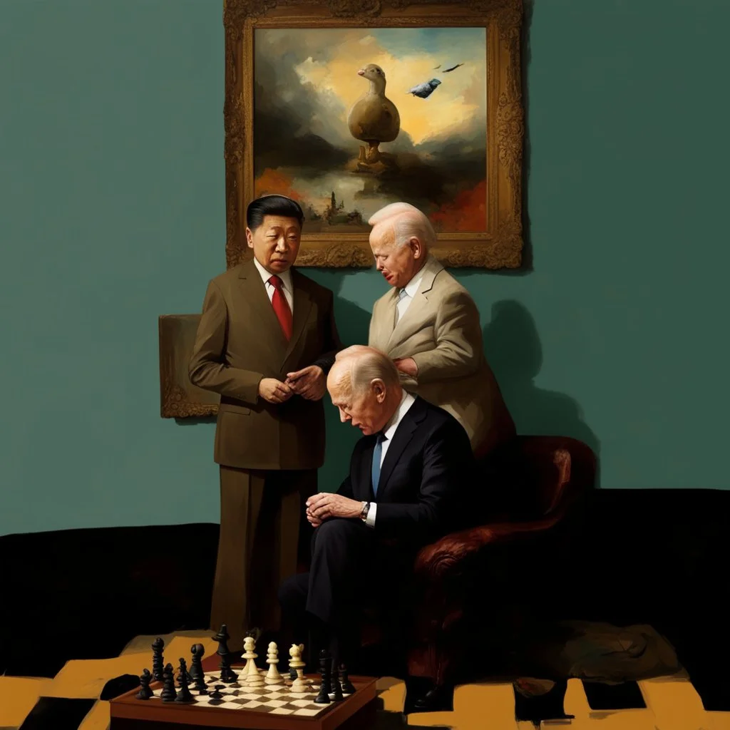 Putin, President Xi Of China And Joe Biden Play Chess With A Pigeon,Ufo And Atomic Bomb Mushroom Cloud,Complex Surgical Instruments Intermixed With A Newborn Boy,Minimalism,Painting By Adrian Ghenie,Rene Magritte,Pablo Picasso,Michelangelo,Salvador Dali,Lucian Freud