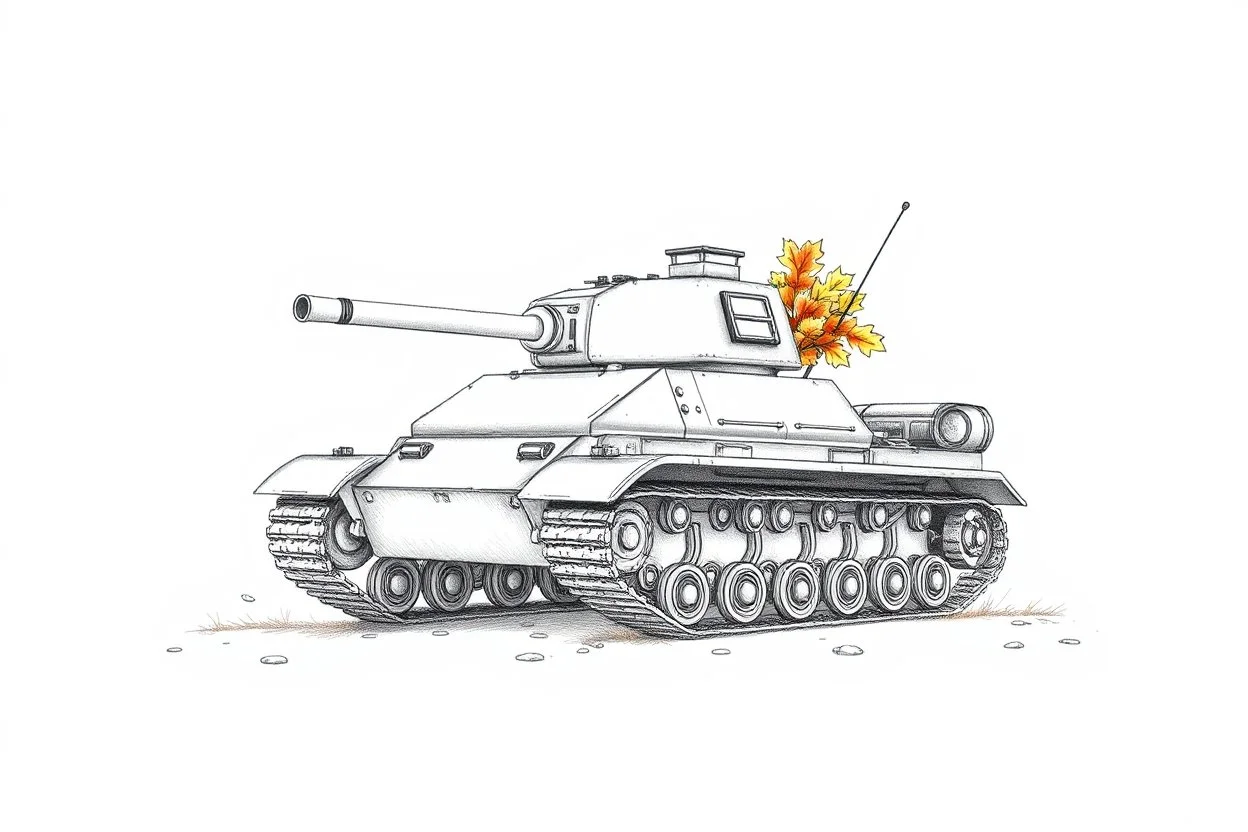 An autumn tank. Full-color drawing. Delicate pencil drawing, line art, illustration-style, full color, on a white background. Realistic drawing. Extremely detailed and well-drawn. Flat illustration. Crisp, clean image. Hand-drawn. High-resolution, full-color drawing. Full-length image. Full-length body.
