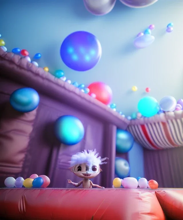 Ultra realistic speed room scene, wide angle view, childs playing with feather pillows and inflatable monsters, circus dress style, feather color, free jumping, many trinkets, hair monster, many jelly beans, balls, smile, extreme, wind, soft color, highly detailed, unreal engine 5, ray tracing, RTX, lumen lighting, ultra detail, volumetric lighting, 3d, finely drawn, high definition.