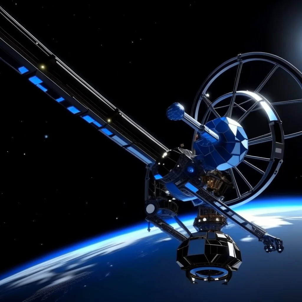 In a sci-fi starry sky background, a slender space flexible robotic arm is located on the satellite in the frame.