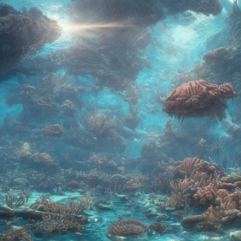 underwater ocean scene, bizarre sea creatures, beams of light streaming through, background of colorful reefs, a highly detailed illustration, realistic render, 8 k, micro detail, intricate, elegant, centered, digital painting, smooth, sharp focus, illustration, artgerm, tomasz alen kopera, peter mohrbacher, donato giancola, joseph christian leyendecker, wlop, boris vallejo