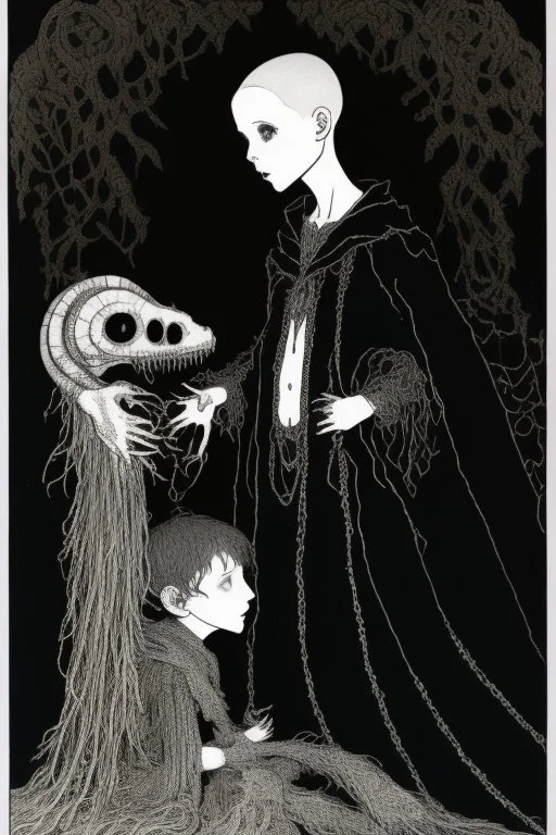 7 year old boy, necromancer, friendly, looks dead,with a long lamprey emerging from his belly , wearing black robes, in the style of Harry Clarke