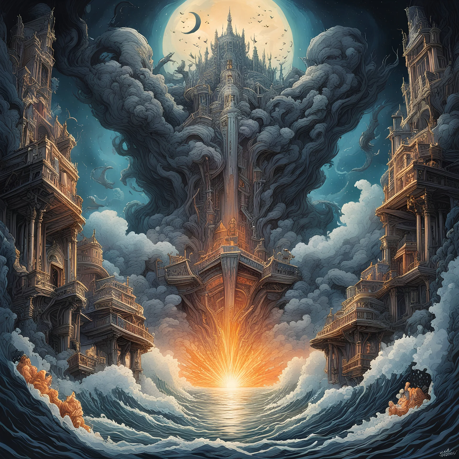 watercolor and ink illustration, heavy metal album cover with DIO aesthetic, holy diver down in the midnight sea, Dramatic, complex contrast, dynamic composition, sinister, expansive, focused, clear, maximalism, by Dan Mumford and Michael Whelan and Graham Sutherland, CGSociety, 3d shading