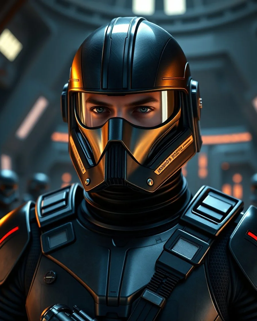 star wars bald male corellian pilot wearing pearlescent black and gunmetal grey First Order special forces heavy assault stealth commando armor and helmet with mirrored visor and gold and metallic red trim inside the jedi temple, hyperdetailed, dynamic lighting, hyperdetailed background, 8k resolution, volumetric lighting, light skin, fully symmetric details