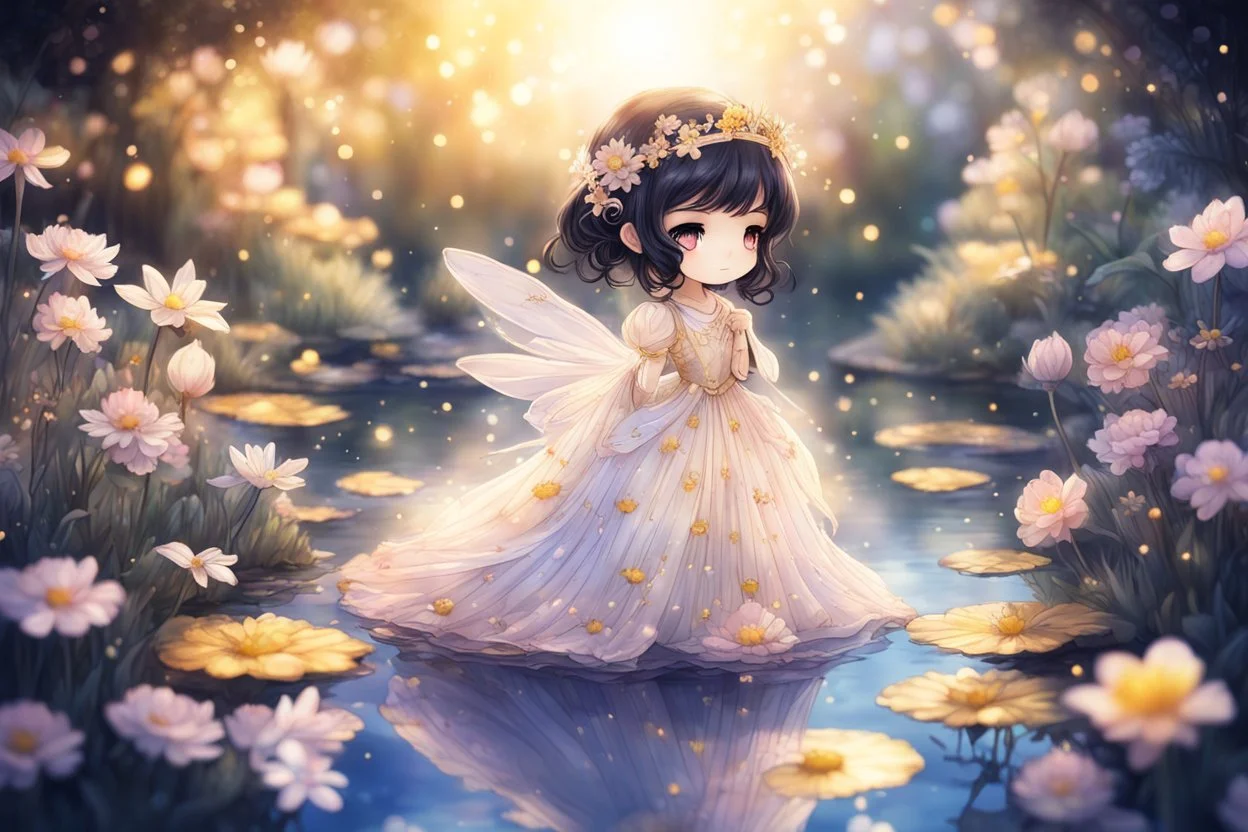 black light art, cute chibi anime silk princess in a flowergarden with beautiful flowers, pond, in sunshine, watercolor and black in outlines, golden glitter, ethereal, cinematic postprocessing, bokeh, dof