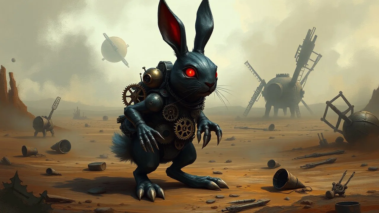 A digital painting of a clockpunk-inspired sinister bunny standing in a desolate wasteland, with gears and cogs protruding from its body. The background features a post-apocalyptic landscape with remnants of ancient technology scattered around. The bunny's glowing red eyes and sharp metallic claws add to its menacing appearance