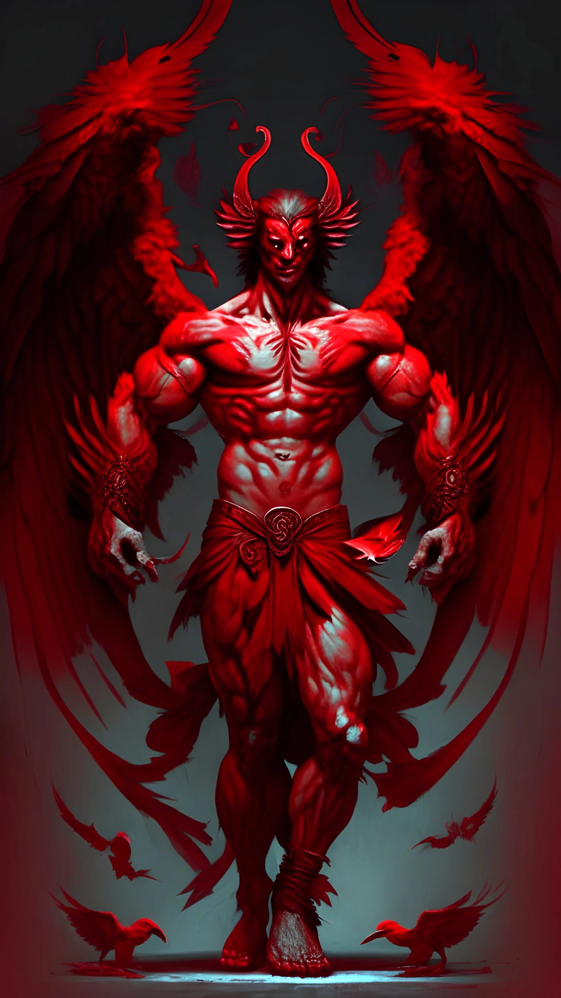 A demon in red with wings and muscles holding an eagle in his hand
