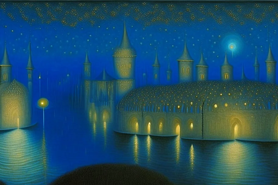 a surreal noctilucent city with arches, domes and rivers by artist "Leonora Carrington",by artist "Agostino Arrivabene",by artist David Inshaw"