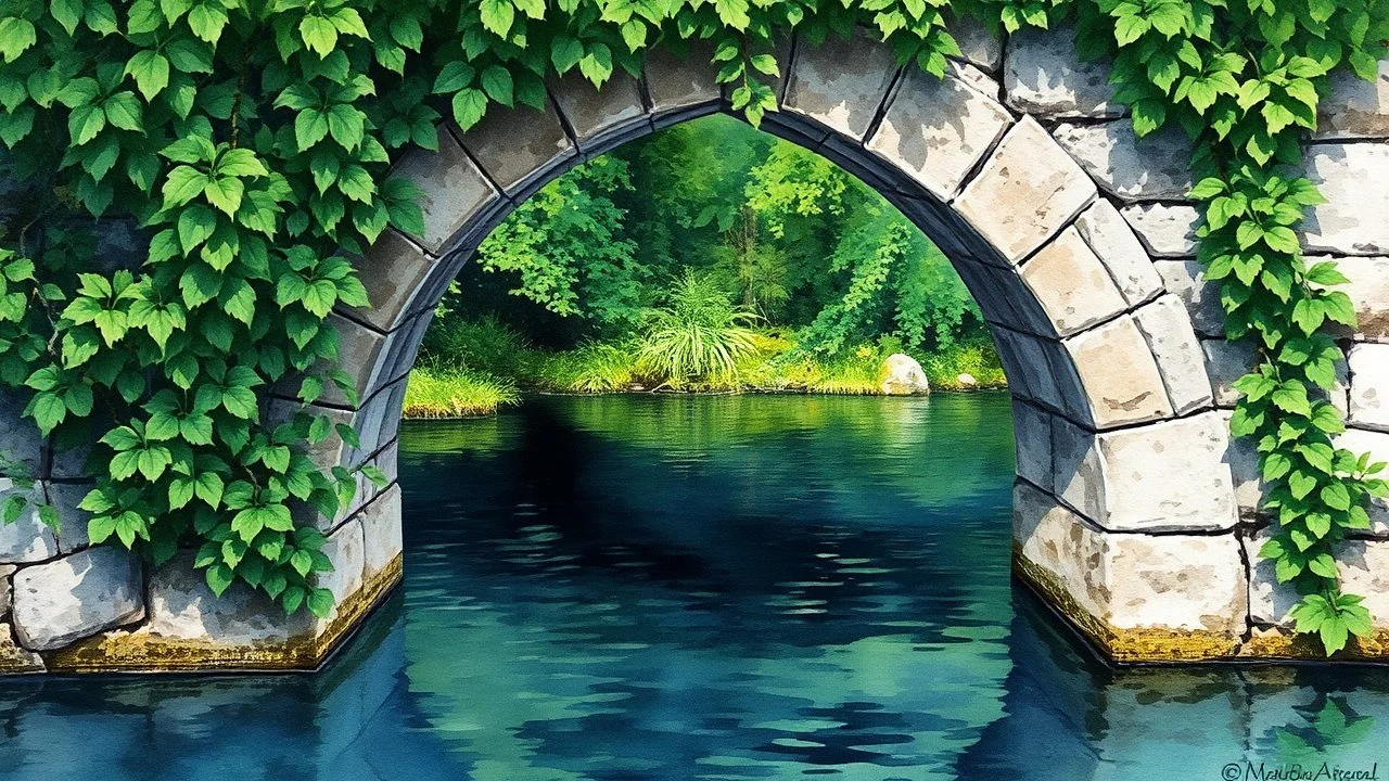 A watercolor painting depicts a stone archway overgrown with lush green foliage, framing a dark body of water that reflects the arch and surrounding greenery. The water's surface is textured with dark, deep tones and lighter, shimmering reflections. The arch itself is rendered with rough stone textures, partially obscured by leaves and vines. The overall impression is one of a hidden, natural sanctuary, with a painterly, impressionistic style emphasizing light, color, and texture.