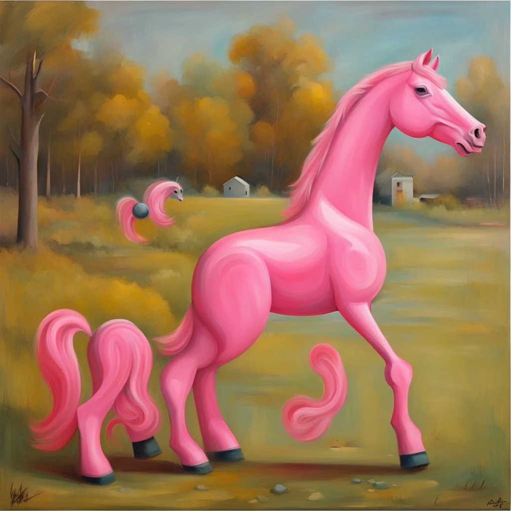 Big pink plastic toy horse.19th painting