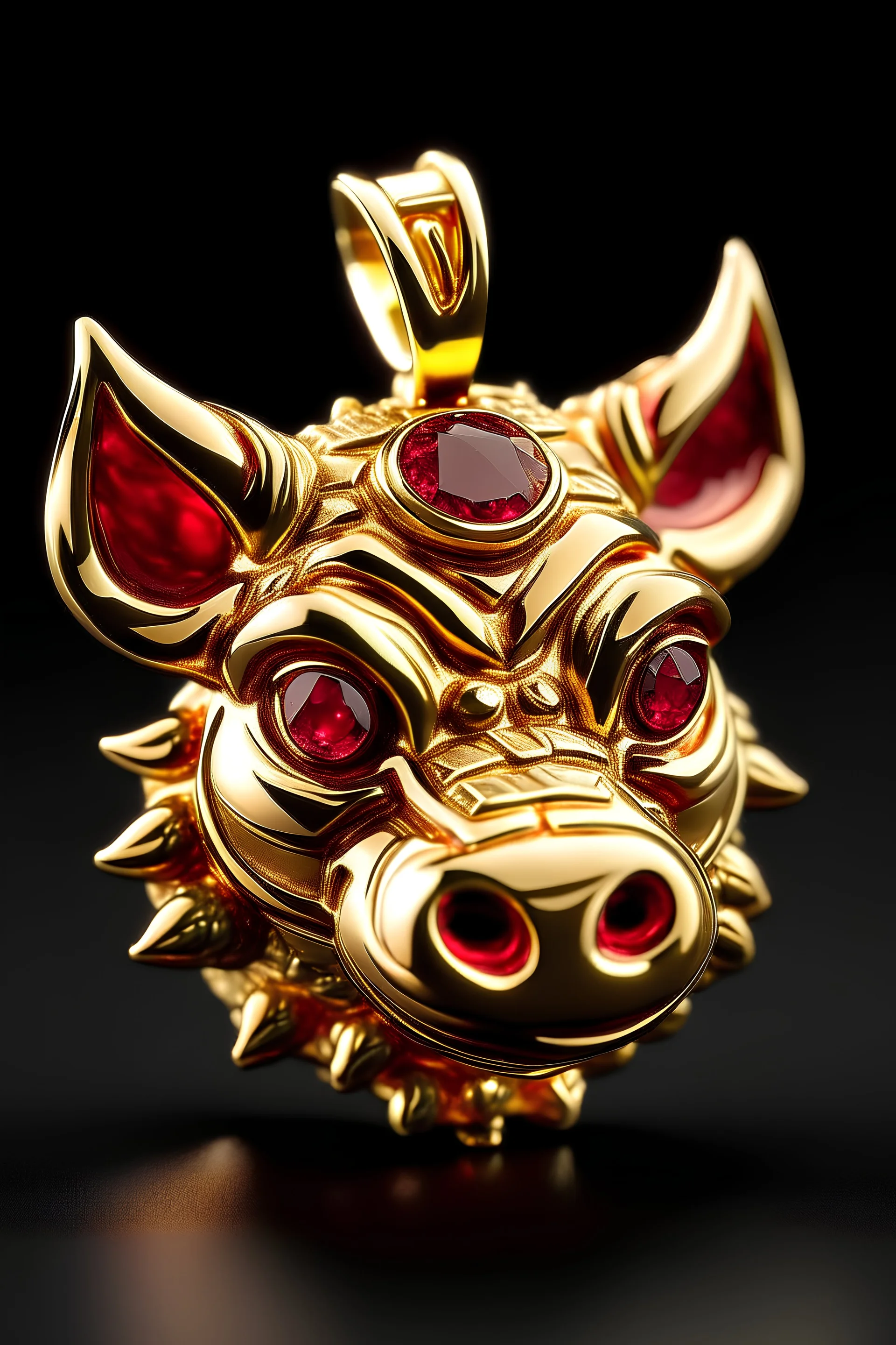 A pendant for a necklace, big Pumbaa from the lion king with tusks in gold, eyes made of ruby