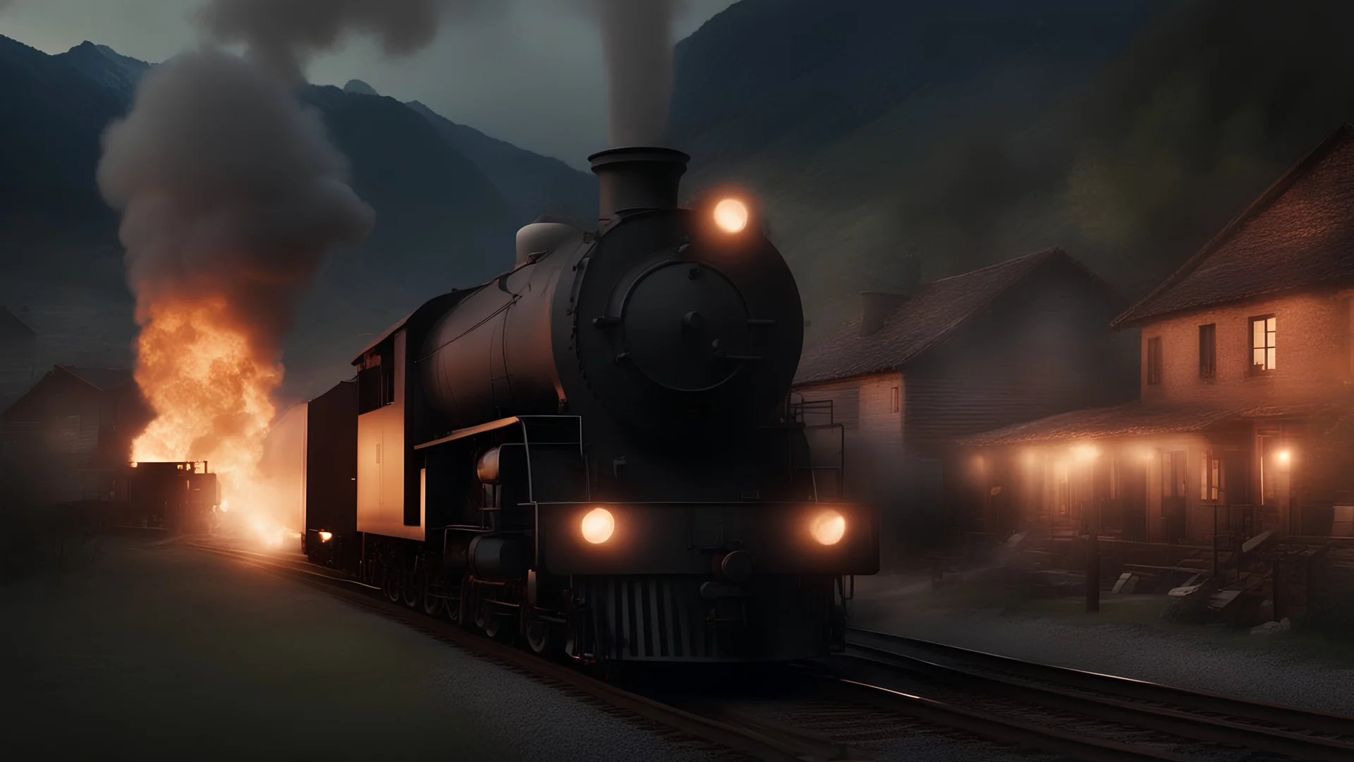 4K Photorealism: train carrying black fuel oil, burning and exploding emitting smoke from it, background of mountains in the village, lighting at night like photography