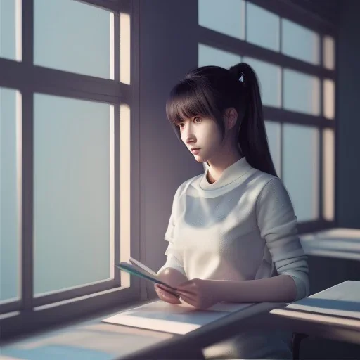 female student studying by the window, anime style,perfect face, cool face, ultra detail, unreal engine 5, cinema4d, sun light, studio lighting --ar 1:1 --v 4