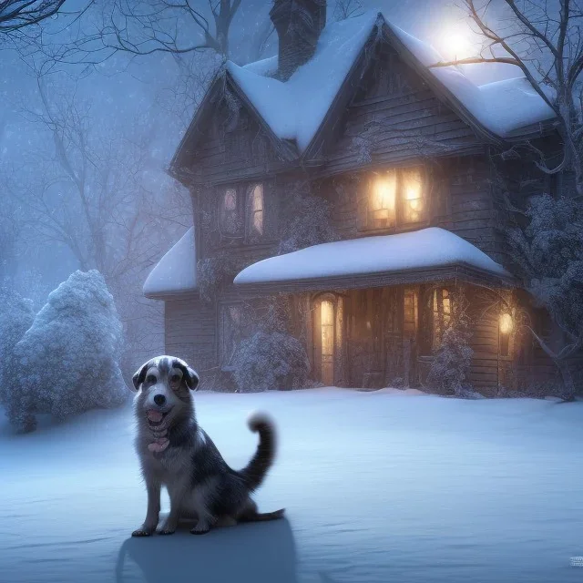 sad, scared, sad, lonely dog tied up outside in front of a house, winter, 8k resolution, high-quality, fine-detail, intricate, digital art, detailed matte, volumetric lighting, illustration, 3D octane render, brian froud, howard lyon, selina french, anna dittmann, annie stokes, lisa parker, greg rutowski