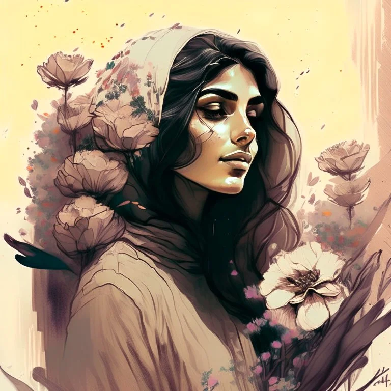 woman, life, freedom, Persian girls, hand-drawn digital art, muted tones, flowers everywhere, REALISTIC