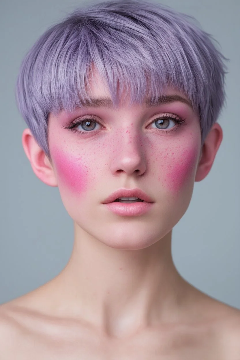 A young woman with pink skin, purple eyes, lavender hair in a pixie cut with pink freckles.